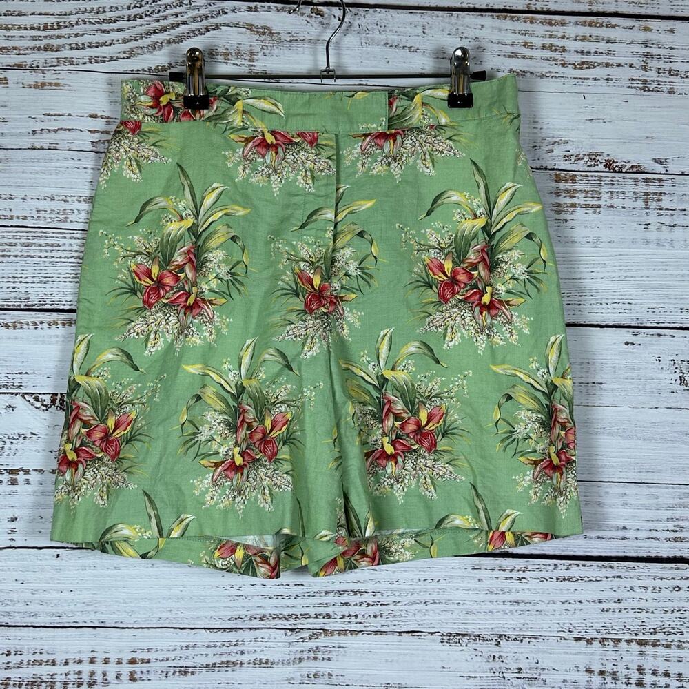 Womens Retro Tommy Hilfiger Green Floral Linen Blend Shorts Preppy Casual Sz 10